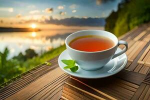 a cup of tea on a wooden table with a view of the sunset. AI-Generated photo