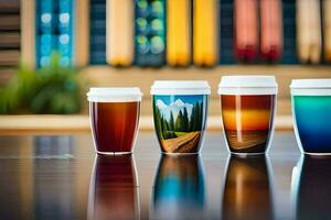 four coffee cups with different designs on them. AI-Generated photo