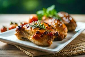 chicken with rosemary and tomatoes on a white plate. AI-Generated photo