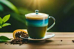 a cup of coffee with a blue and green color. AI-Generated photo