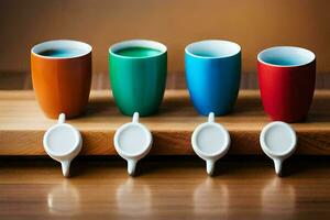 a row of colorful cups on a wooden tray. AI-Generated photo