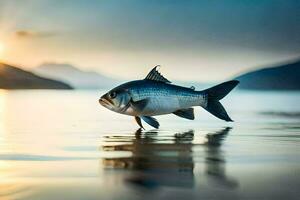 un pescado es en pie en el agua a puesta de sol. generado por ai foto