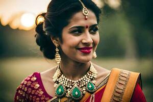 a beautiful indian bride in a red sari. AI-Generated photo