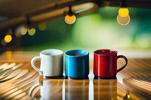 three coffee mugs on a wooden table. AI-Generated photo