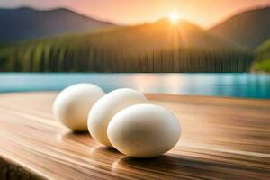 three eggs on a wooden table in front of a lake. AI-Generated photo