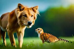 a lion and a small cat standing in the grass. AI-Generated photo