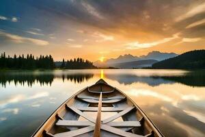 the boat is on the calm lake at sunset. AI-Generated photo