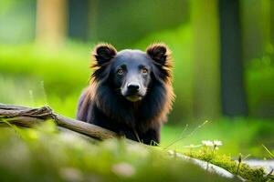 a black dog sitting on a log in the woods. AI-Generated photo