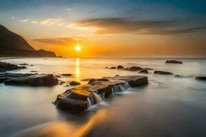 the sun sets over the ocean in this long exposure photograph. AI-Generated photo