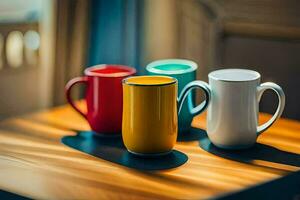 colorful coffee mugs on a wooden table. AI-Generated photo