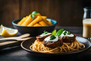 spaghetti with meat and sauce on a wooden table. AI-Generated photo