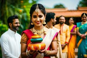 a woman in traditional indian attire holding a pot. AI-Generated photo