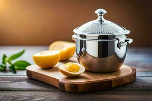 a silver pot with lemons on a wooden cutting board. AI-Generated photo