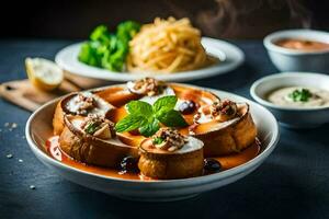 un plato de comida con carne y salsa. generado por ai foto