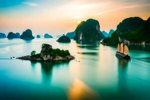 the sunset over halong bay, vietnam. AI-Generated photo