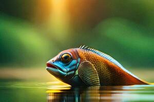 a fish is swimming in the water with the sun in the background. AI-Generated photo