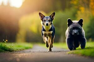 two dogs running on a road in the sunlight. AI-Generated photo