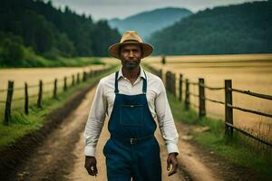 a man in overalls and hat walking down a dirt road. AI-Generated photo