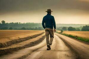 hombre caminando en un la carretera en el campo. generado por ai foto