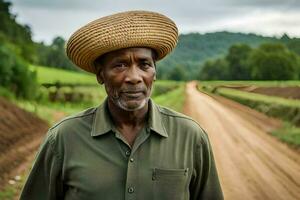 a man wearing a straw hat stands on a dirt road. AI-Generated photo