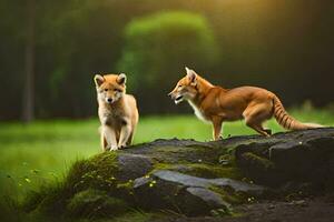 two foxes standing on a rock in the grass. AI-Generated photo