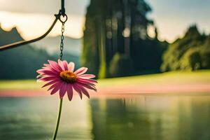 a pink flower hanging from a hook in front of a lake. AI-Generated photo