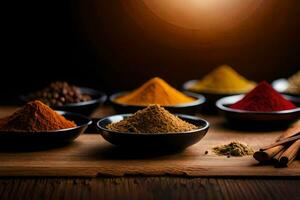 spices in bowls on a wooden table. AI-Generated photo