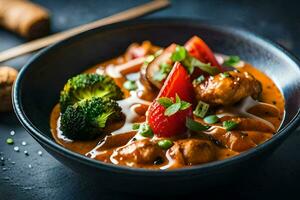 chicken curry in a bowl with broccoli and tomatoes. AI-Generated photo