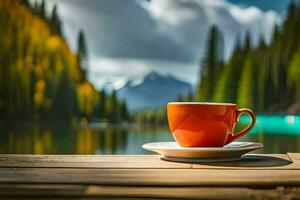 un café taza en un de madera mesa en frente de un lago. generado por ai foto