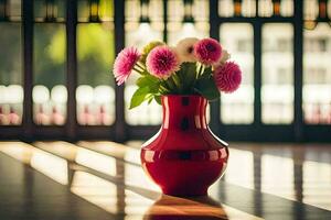 a red vase with pink flowers sitting on a wooden floor. AI-Generated photo