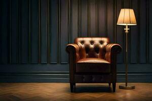 a leather chair and lamp in a dark room. AI-Generated photo