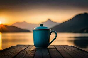 a blue coffee cup sits on a wooden pier overlooking a lake. AI-Generated photo