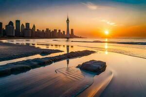 the sun sets over the city skyline in dubai. AI-Generated photo