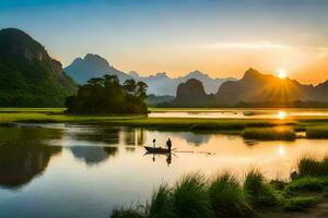 a man in a boat on a river with mountains in the background. AI-Generated photo