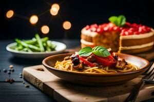 spaghetti with meat and vegetables on a wooden table. AI-Generated photo