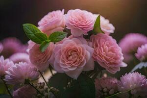 pink flowers are in a vase with green leaves. AI-Generated photo