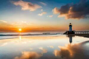 a lighthouse stands on the beach at sunset. AI-Generated photo