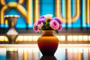 a vase with purple and pink flowers sitting on a table. AI-Generated photo