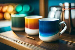 colorful coffee cups on a shelf. AI-Generated photo