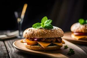 two hamburgers with cheese and meat on a wooden board. AI-Generated photo