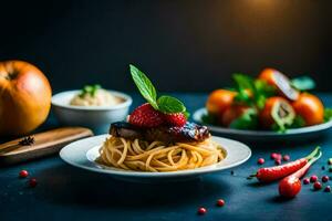 spaghetti with meat and tomato sauce on a plate. AI-Generated photo