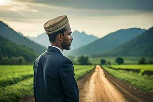a man in a suit and hat standing on a dirt road. AI-Generated photo