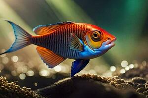 un pescado con brillante colores es en pie en el Oceano piso. generado por ai foto