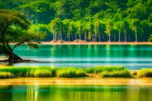 a tree is standing on the shore of a lake. AI-Generated photo