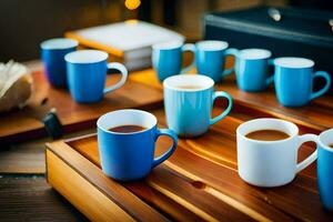 a tray of coffee cups on a wooden table. AI-Generated photo