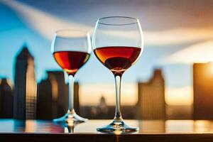 two wine glasses with a city skyline in the background. AI-Generated photo