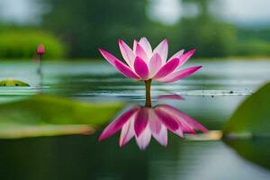 a pink lotus flower is reflected in the water. AI-Generated photo