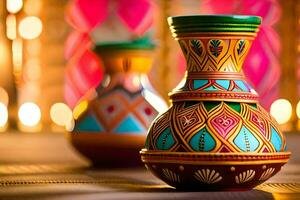 two colorful vases sitting on a table. AI-Generated photo