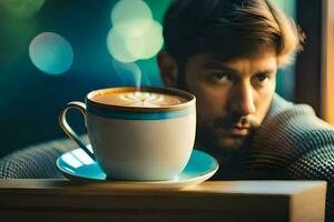 un hombre sentado en frente de un café taza. generado por ai foto