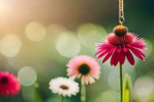 a pink flower with a gold chain hanging from it. AI-Generated photo